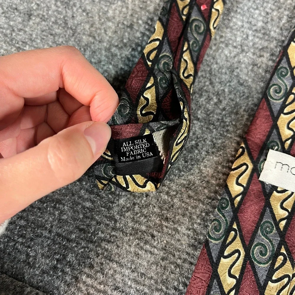 Martin Wong Napa CA Silk Necktie Burgundy Gold Grey Geometric Scroll Made in USA